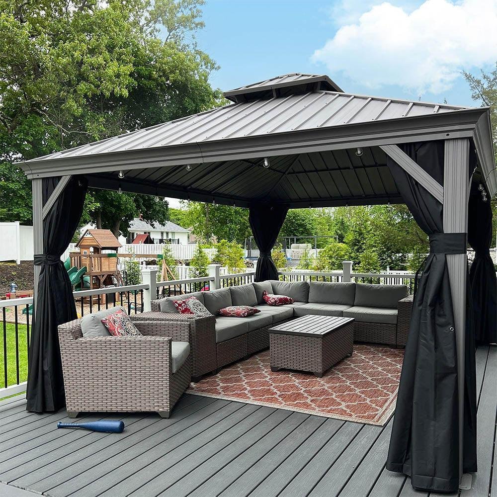 Patio Gazebo for Pool Light Grey Hardtop Galvanized Steel Roof with Upgraded Curtains - Image 56