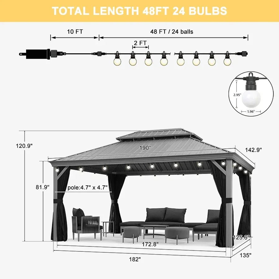 Patio Gazebo for Pool Light Grey Hardtop Galvanized Steel Roof with String Lights-milky - Image 90