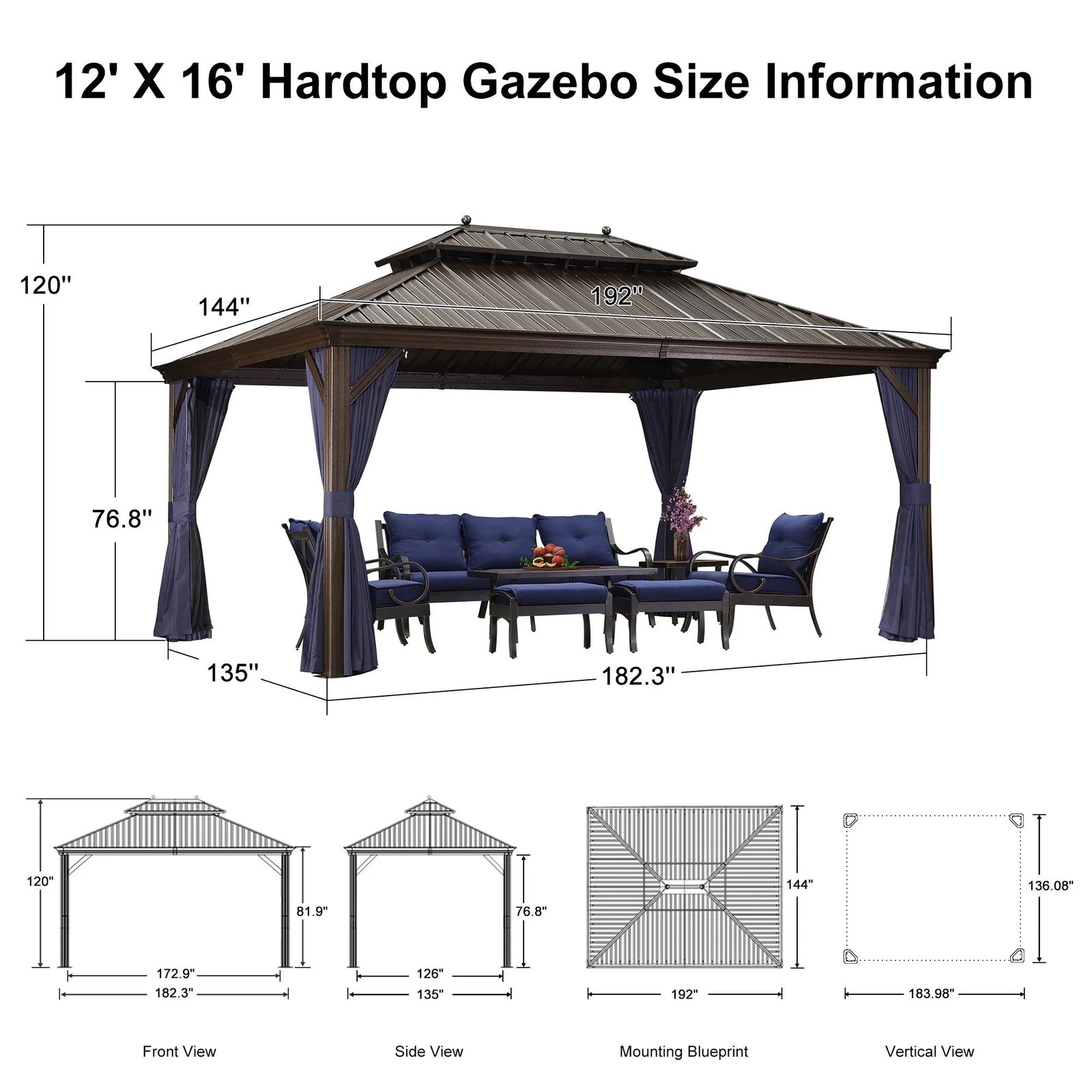 Outdoor Hardtop Gazebo for Patio Bronze Aluminum Frame Pavilion with Navy-Blue Curtain and String Lights-clear - Image 126