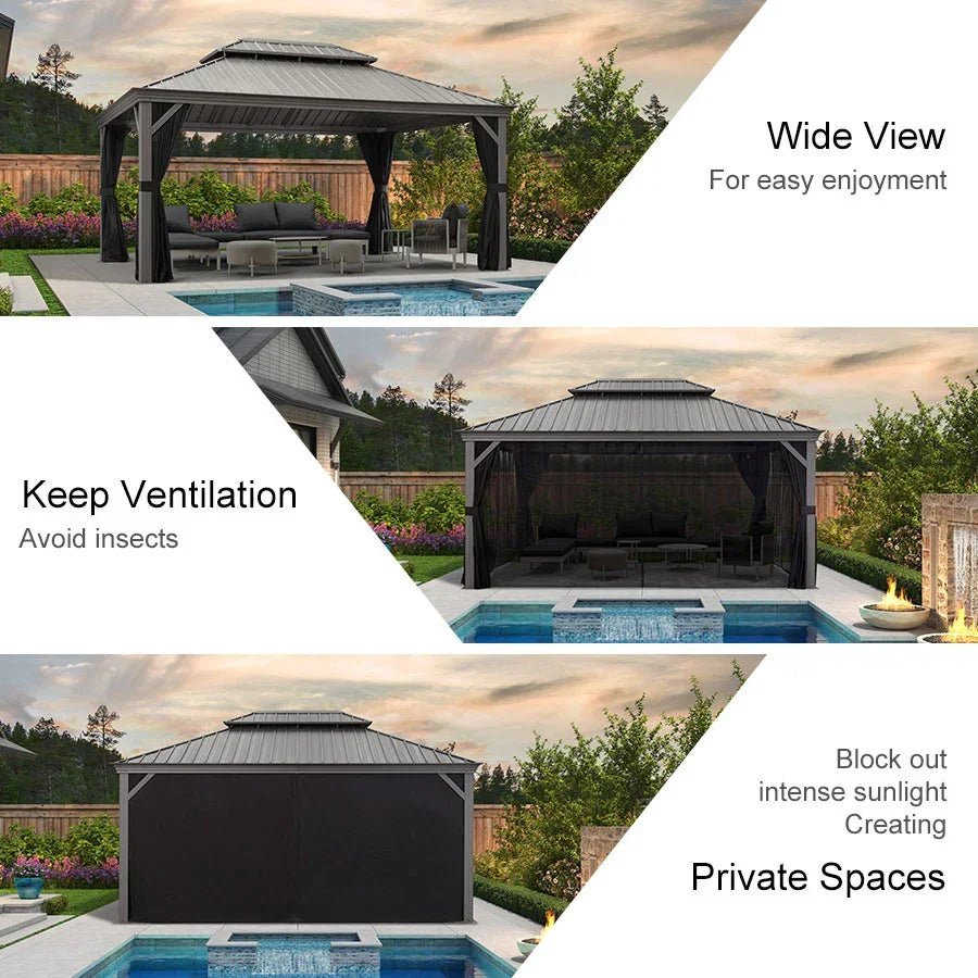 Patio Gazebo for Pool Light Grey Hardtop Galvanized Steel Roof with String Lights-clear - Image 39