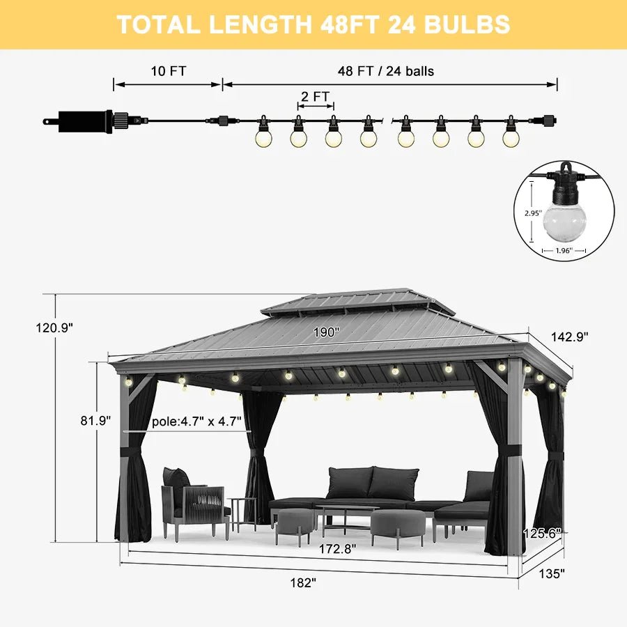 Patio Gazebo for Pool Light Grey Hardtop Galvanized Steel Roof with String Lights-clear - Image 96