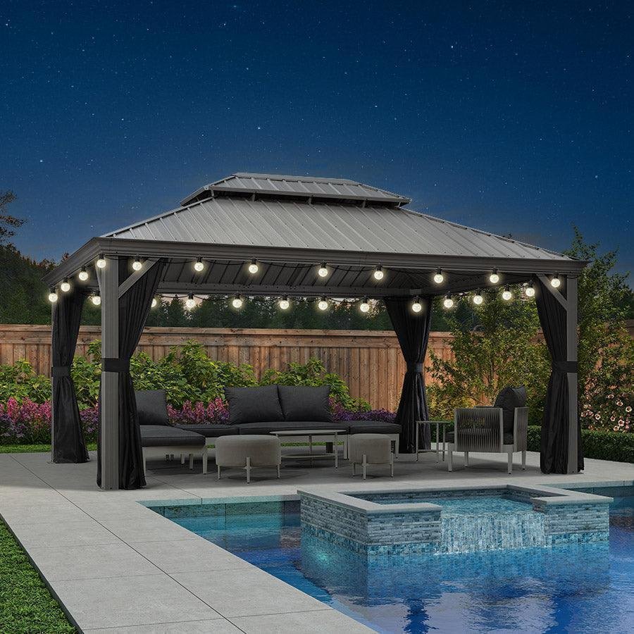 Patio Gazebo for Pool Light Grey Hardtop Galvanized Steel Roof with String Lights-milky - Image 22