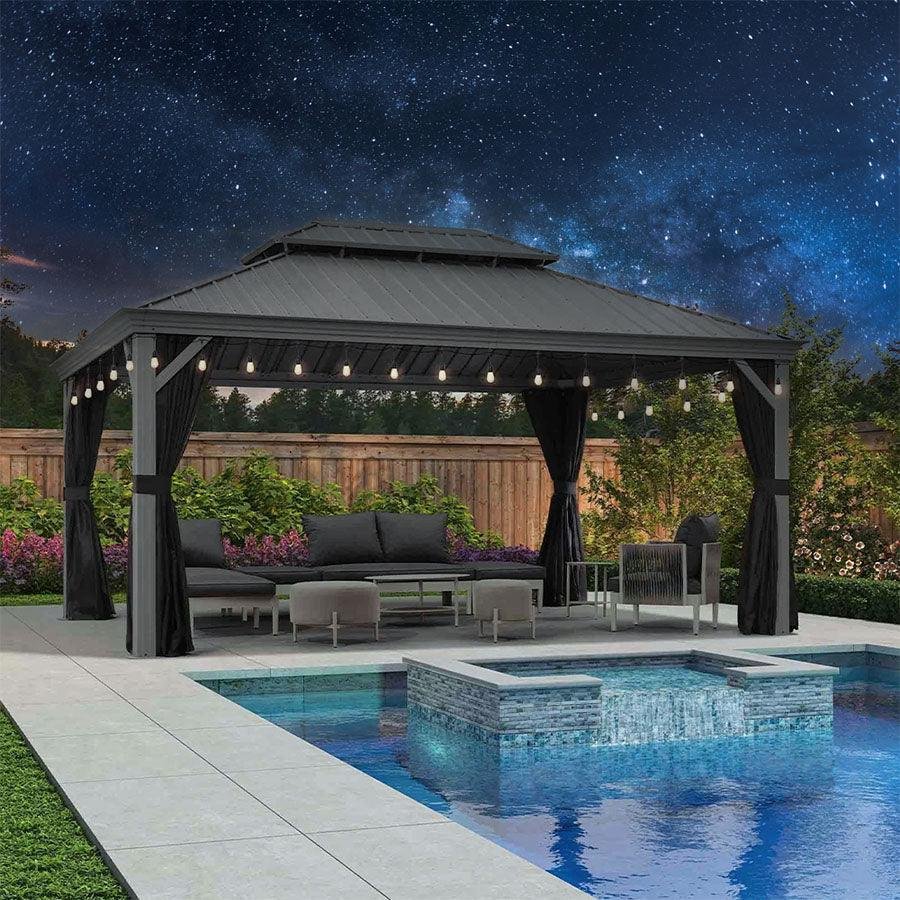 Patio Gazebo for Pool Light Grey Hardtop Galvanized Steel Roof with String Lights-clear - Image 55