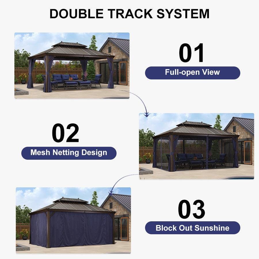 Outdoor Hardtop Gazebo for Patio Bronze Aluminum Frame Pavilion with Navy-Blue Curtain - Image 110