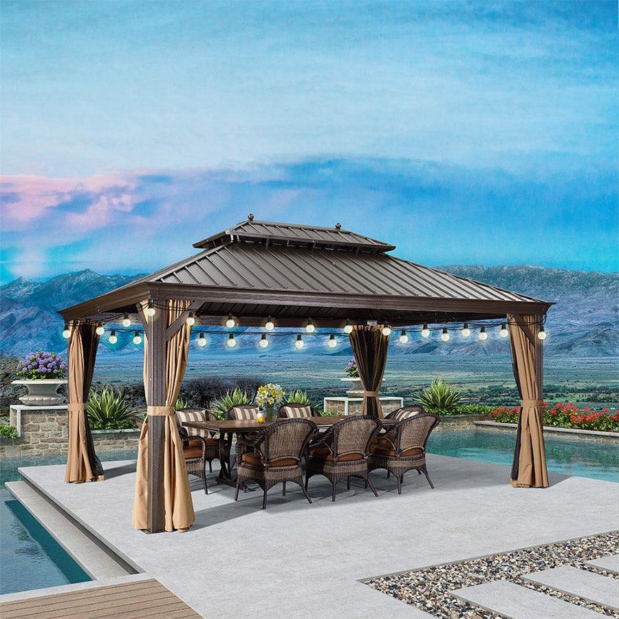 Outdoor Hardtop Gazebo for Garden Bronze Double Roof Aluminum Frame Pavilion with String Lights-clear - Image 99