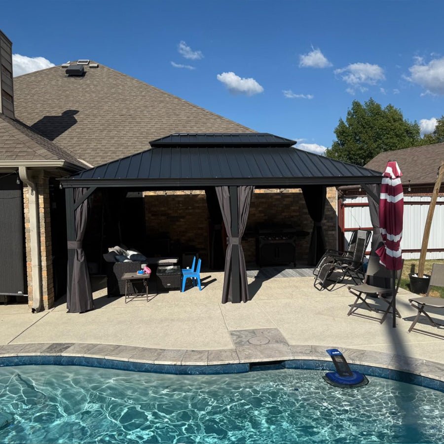 Gazebo for Backyard Grey Hardtop Galvanized Steel Roof Awning with String Lights-clear - Image 119