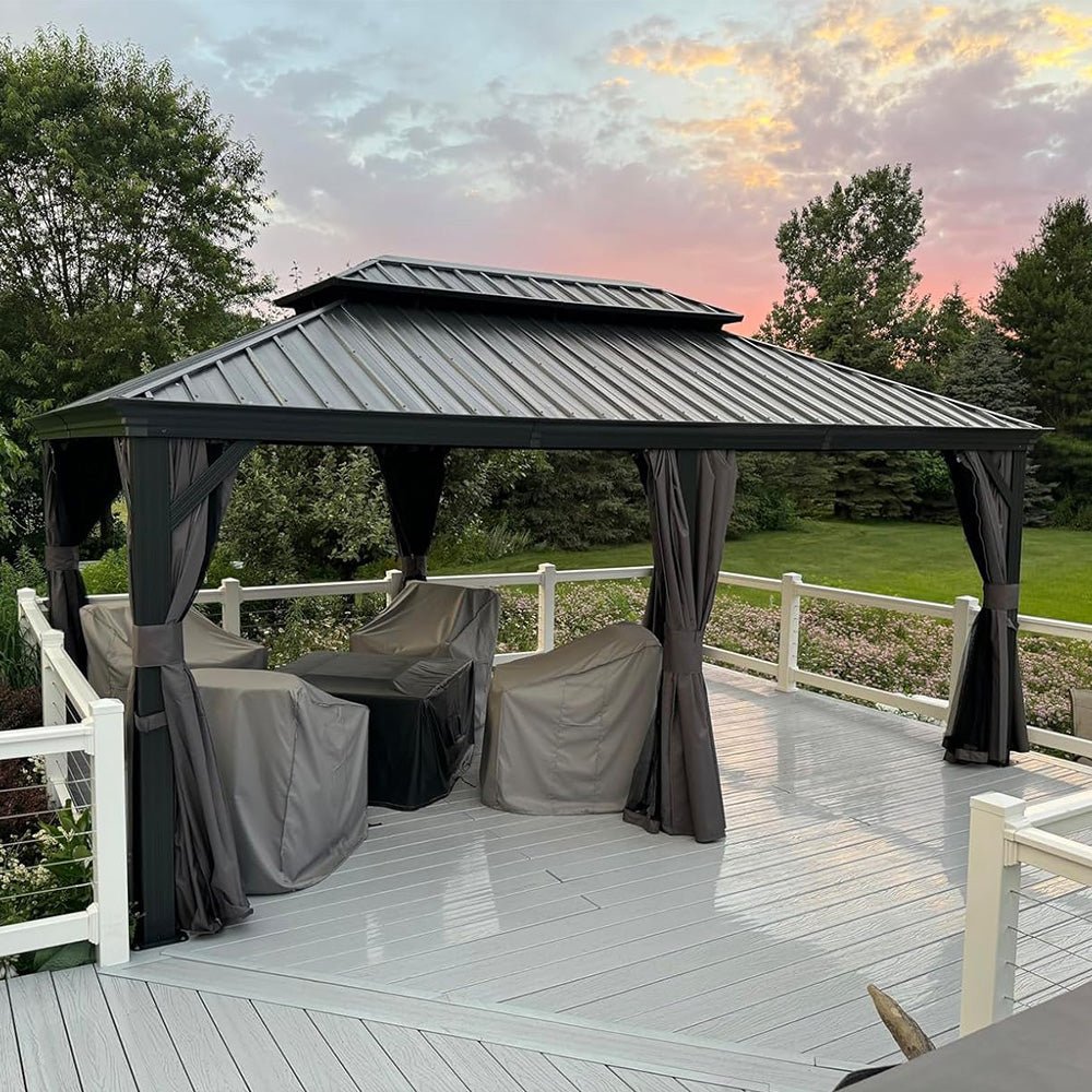 Gazebo for Backyard Grey Hardtop Galvanized Steel Roof Awning String Lights-milky - Image 93