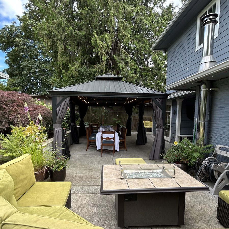 Gazebo for Backyard Grey Hardtop Galvanized Steel Roof Awning with String Lights-clear - Image 123