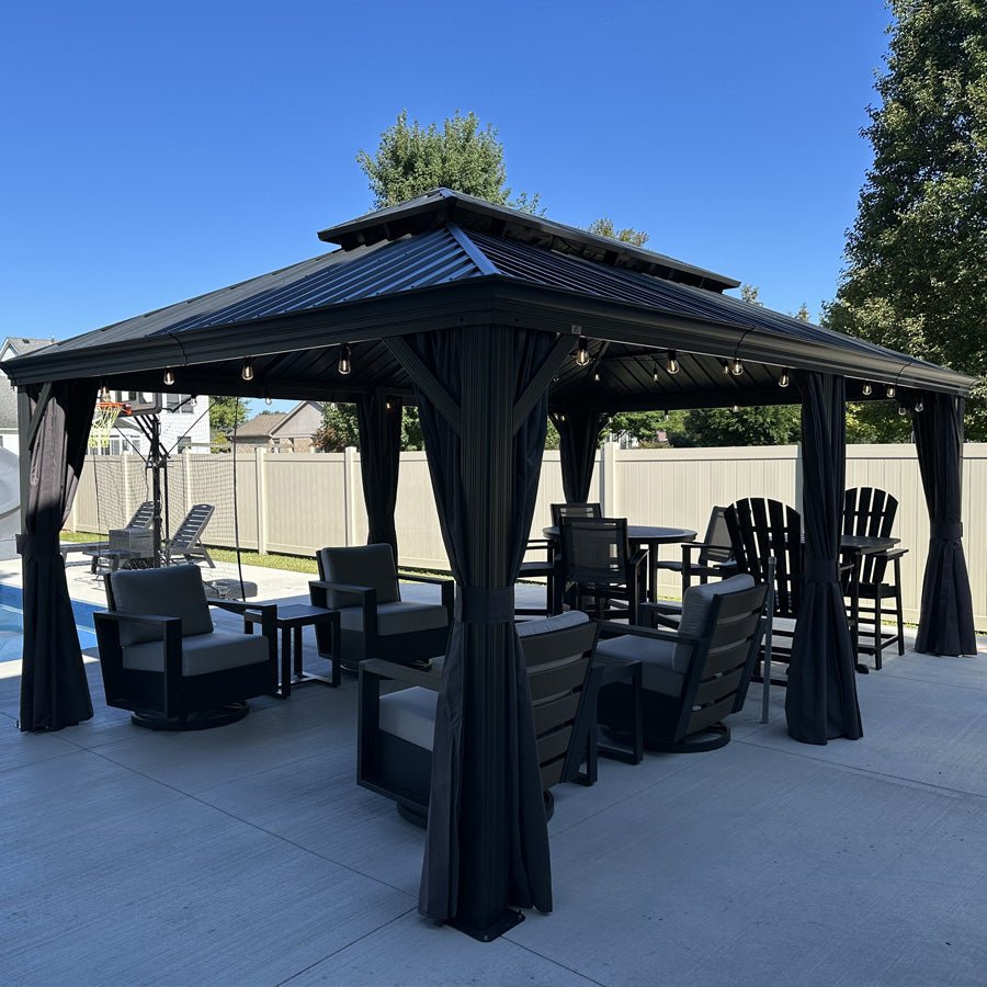 Gazebo for Backyard Grey Hardtop Galvanized Steel Roof Awning with String Lights-clear - Image 122