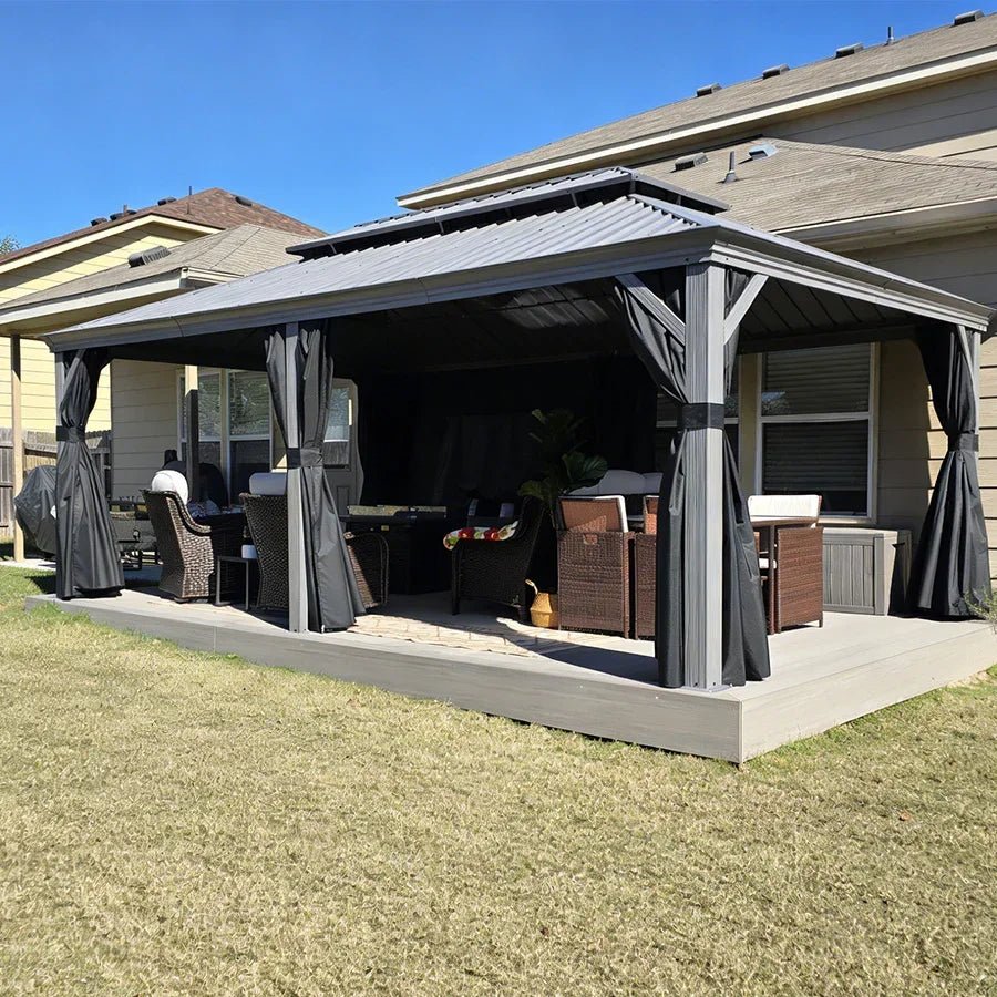 Patio Gazebo for Pool Light Grey Hardtop Galvanized Steel Roof with String Lights-milky - Image 79