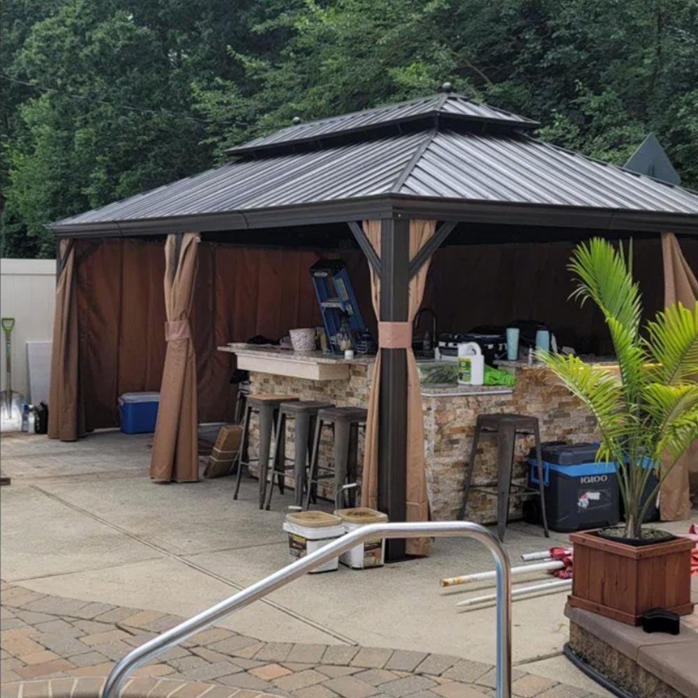 Outdoor Hardtop Gazebo for Garden Bronze Double Roof Aluminum Frame Pavilion with String Lights-milky - Image 63