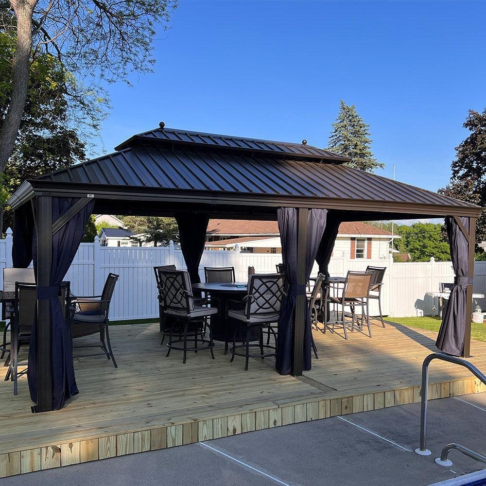 Outdoor Hardtop Gazebo for Patio Bronze Aluminum Frame Pavilion with Navy-Blue Curtain - Image 88