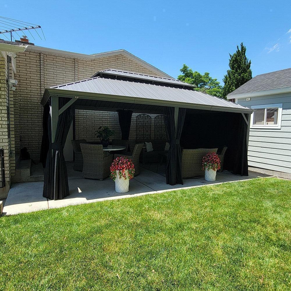 Patio Gazebo for Pool Light Grey Hardtop Galvanized Steel Roof with String Lights-clear - Image 32