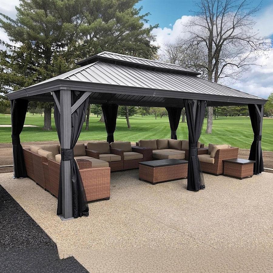 Patio Gazebo for Pool Light Grey Hardtop Galvanized Steel Roof with String Lights-clear - Image 67