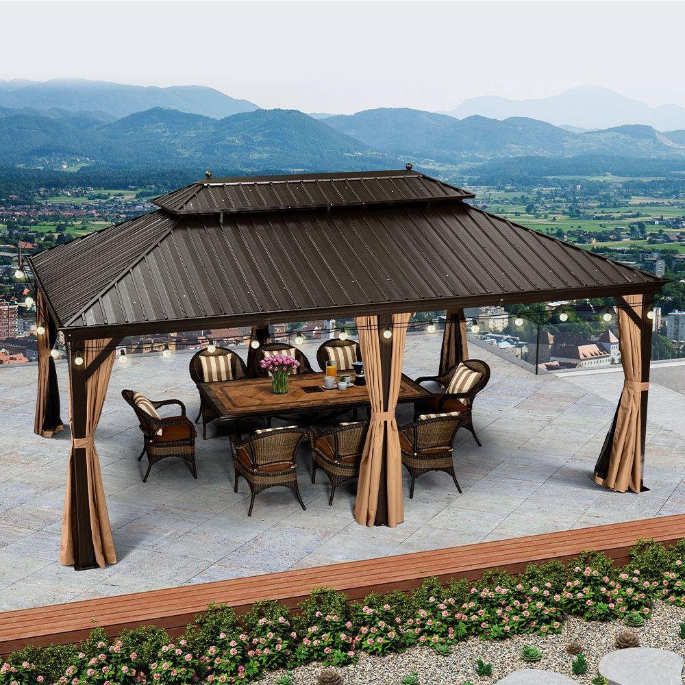 Outdoor Hardtop Gazebo for Garden Bronze Double Roof Aluminum Frame Pavilion with String Lights-milky - Image 41