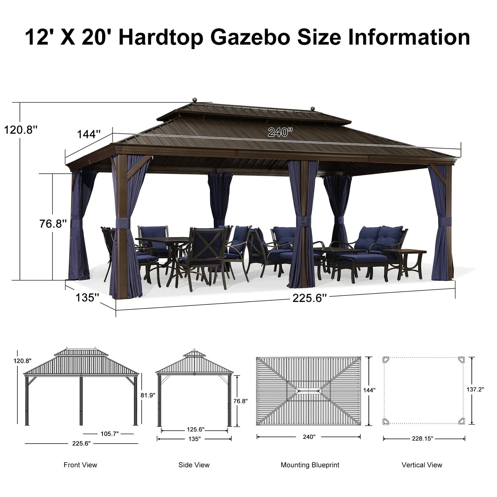 Outdoor Hardtop Gazebo for Patio Bronze Aluminum Frame Pavilion with Navy-Blue Curtain and String Lights-clear - Image 127