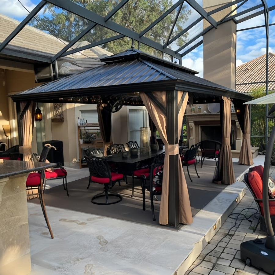 Outdoor Hardtop Gazebo for Garden Bronze Double Roof Aluminum Frame Pavilion with String Lights-milky - Image 4