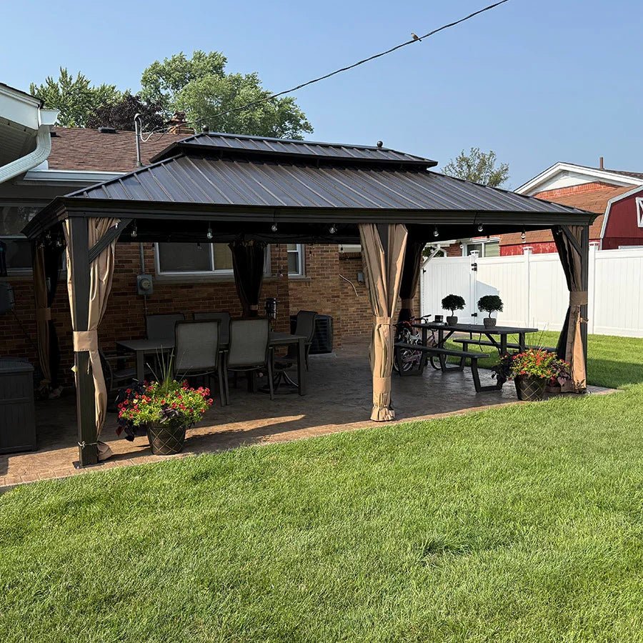 Outdoor Hardtop Gazebo for Garden Bronze Double Roof Aluminum Frame Pavilion with String Lights-milky - Image 113