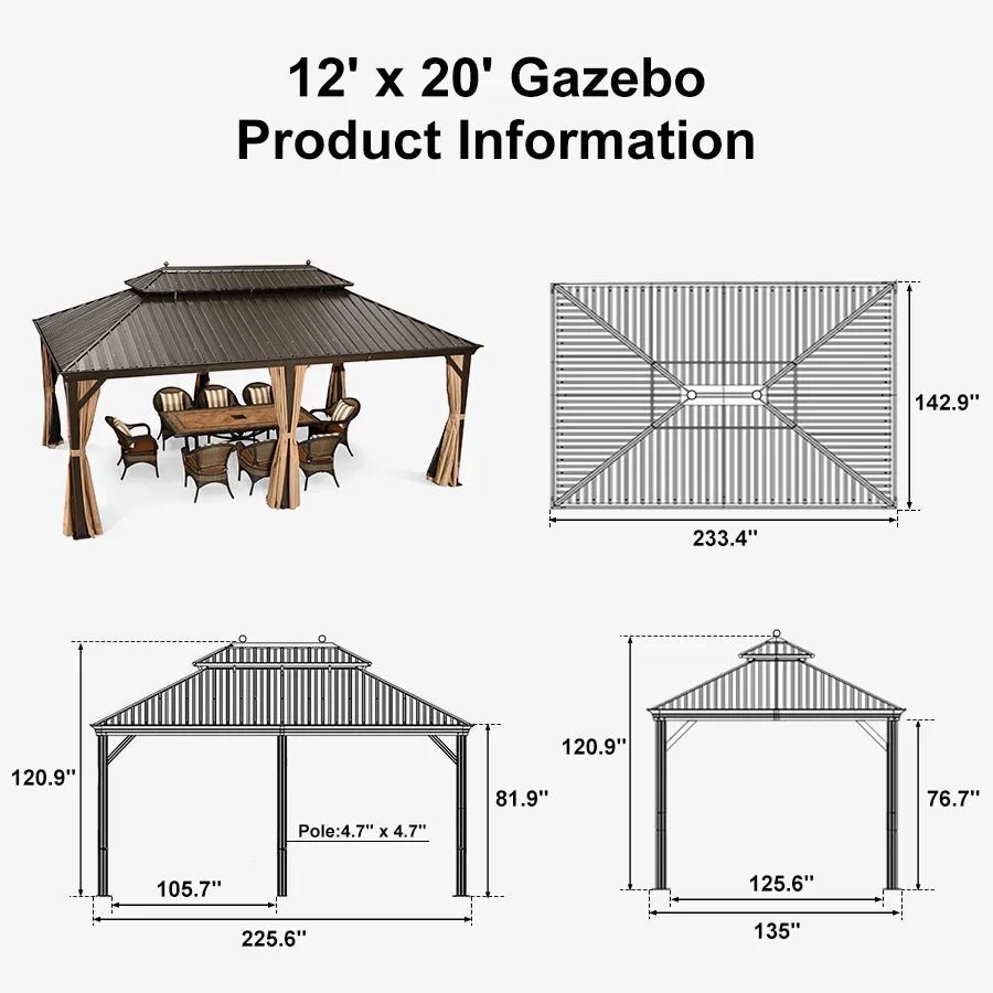 Outdoor Hardtop Gazebo for Garden Bronze Double Roof Aluminum Frame Pavilion - Image 128