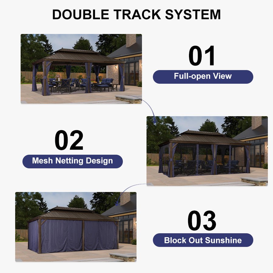 Outdoor Hardtop Gazebo for Patio Bronze Aluminum Frame Pavilion with Navy-Blue Curtain and String Lights-milky - Image 84