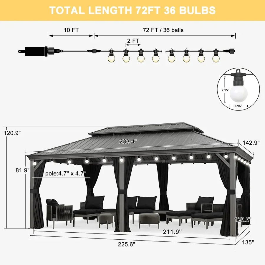 Patio Gazebo for Pool Light Grey Hardtop Galvanized Steel Roof with String Lights-milky - Image 93