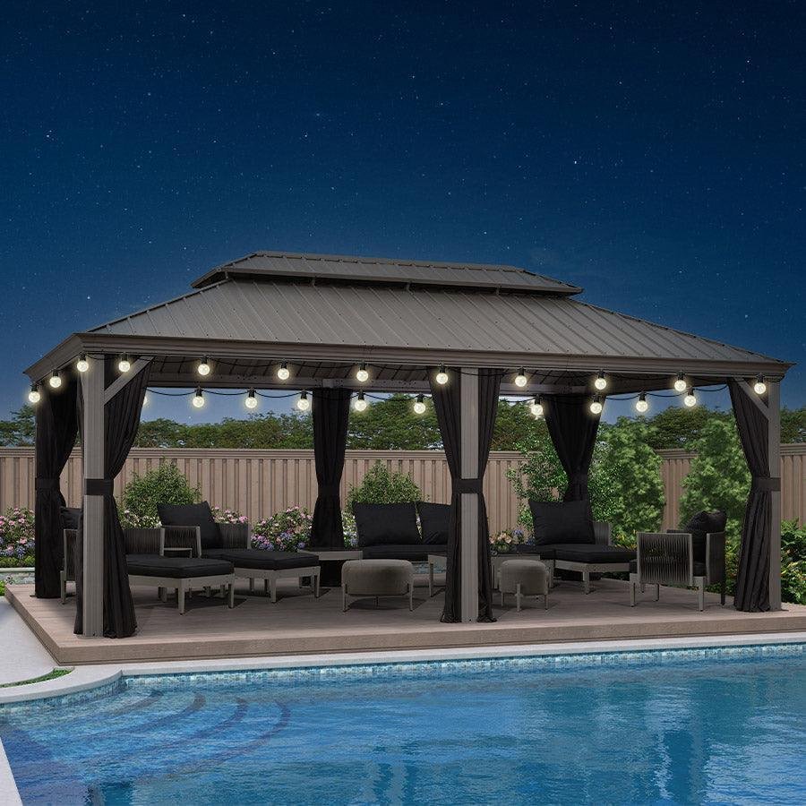 Patio Gazebo for Pool Light Grey Hardtop Galvanized Steel Roof with String Lights-milky - Image 19