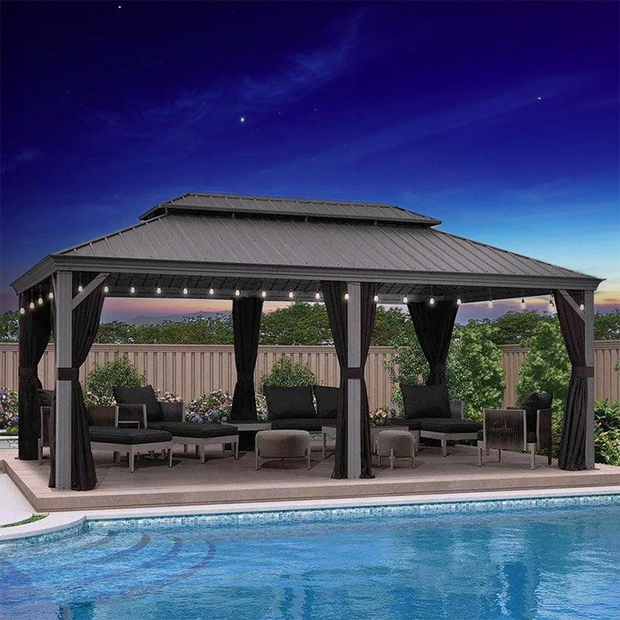 Patio Gazebo for Pool Light Grey Hardtop Galvanized Steel Roof with String Lights-clear - Image 54