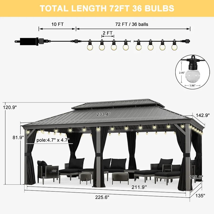 Patio Gazebo for Pool Light Grey Hardtop Galvanized Steel Roof with String Lights-clear - Image 95