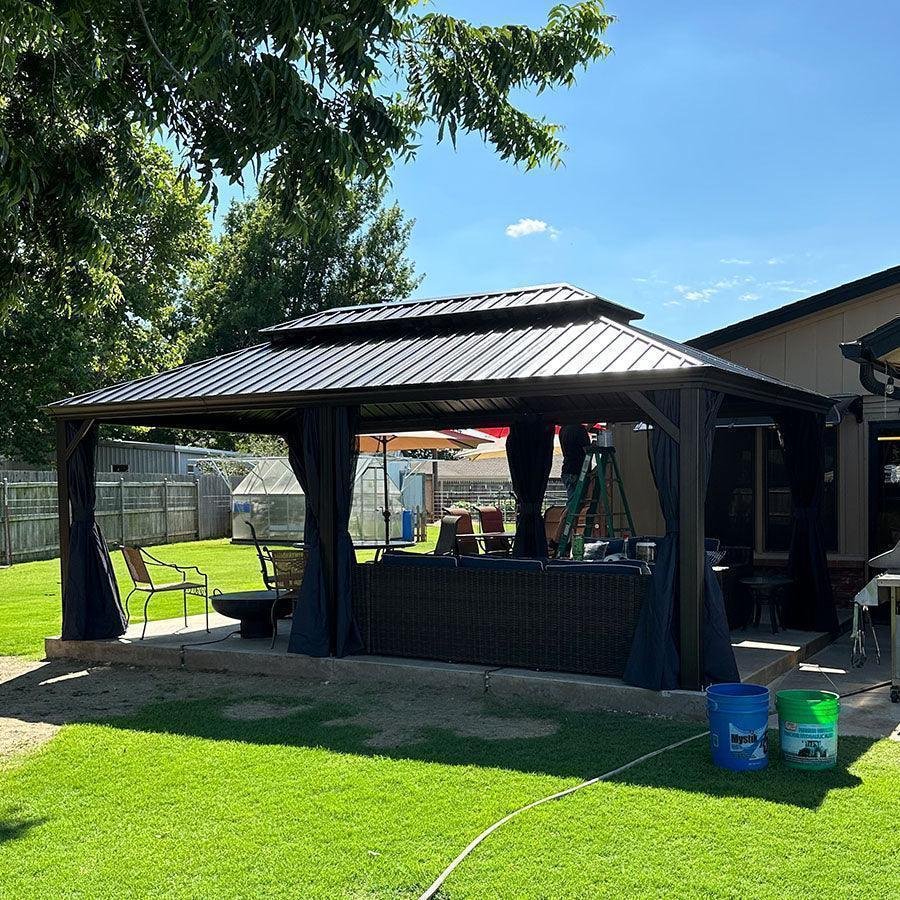 Outdoor Hardtop Gazebo for Patio Bronze Aluminum Frame Pavilion with Navy-Blue Curtain - Image 99