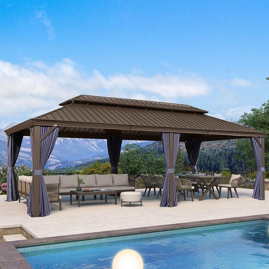Outdoor Hardtop Gazebo for Patio Bronze Aluminum Frame Pavilion with Navy-Blue Curtain - Image 93