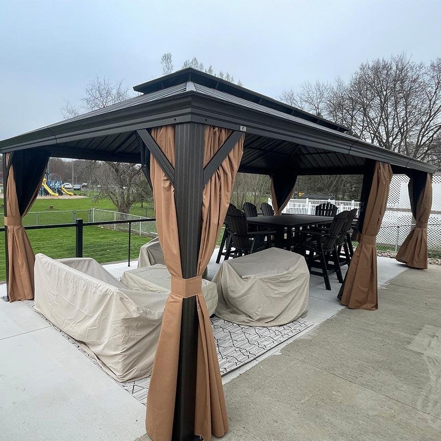 Outdoor Hardtop Gazebo for Garden Bronze Double Roof Aluminum Frame Pavilion with String Lights-clear - Image 108