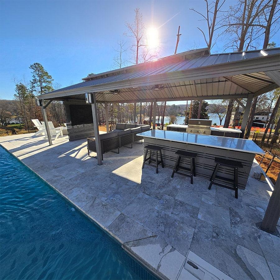 Patio Gazebo for Pool Light Grey Hardtop Galvanized Steel Roof with Upgraded Curtains - Image 72