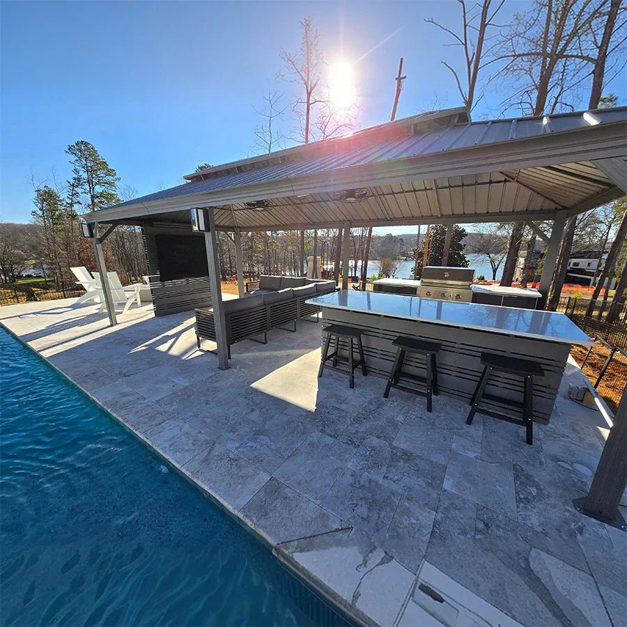 Patio Gazebo for Pool Light Grey Hardtop Galvanized Steel Roof with Upgraded Curtains - Image 100