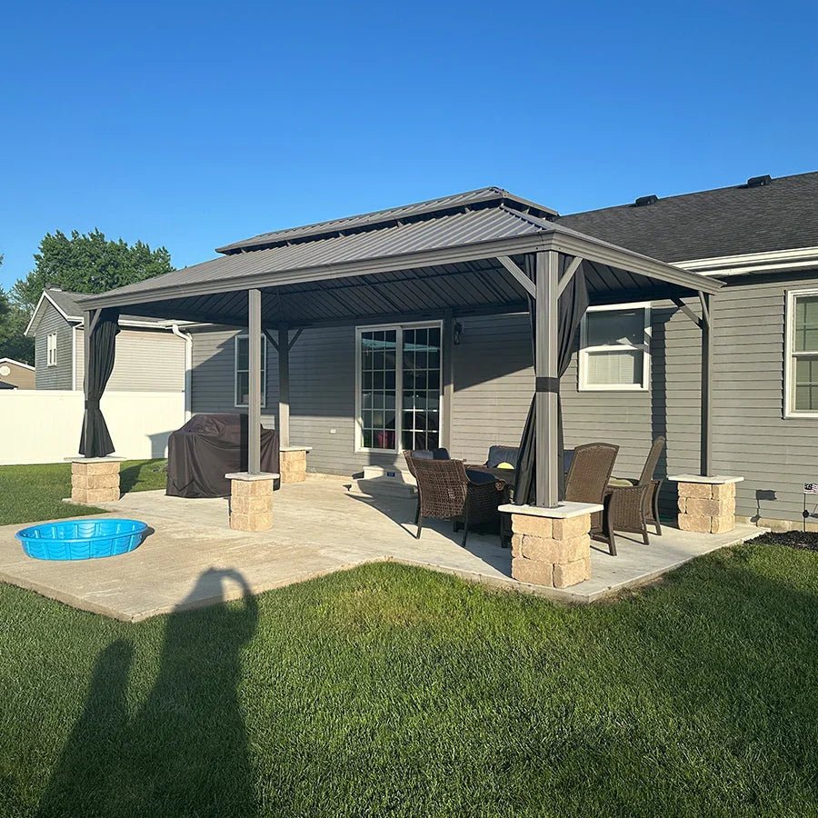 Patio Gazebo for Pool Light Grey Hardtop Galvanized Steel Roof with String Lights-clear - Image 70
