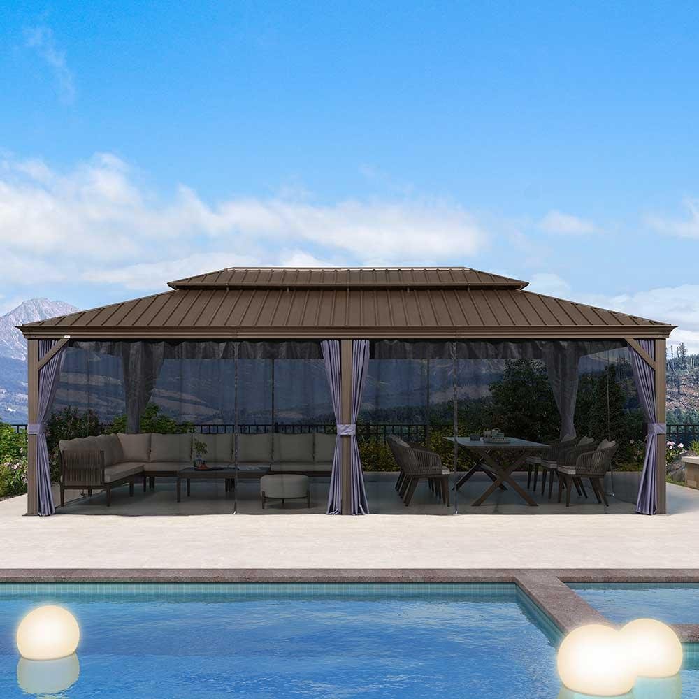 Outdoor Hardtop Gazebo for Patio Bronze Aluminum Frame Pavilion with Navy-Blue Curtain - Image 91
