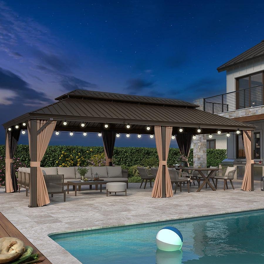 Outdoor Hardtop Gazebo for Garden Bronze Double Roof Aluminum Frame Pavilion with String Lights-clear - Image 76