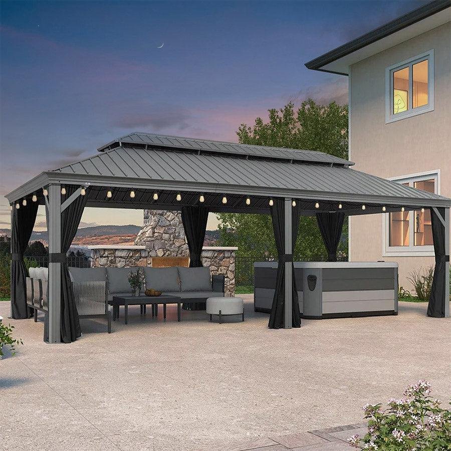 Patio Gazebo for Pool Light Grey Hardtop Galvanized Steel Roof with String Lights-clear - Image 53