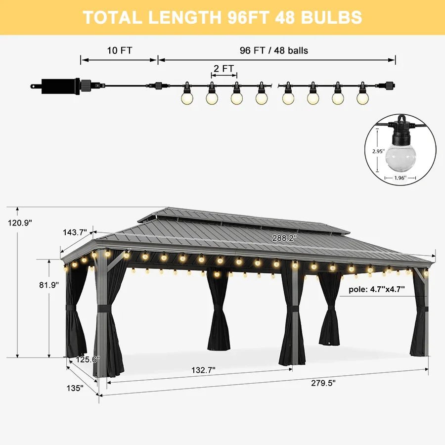 Patio Gazebo for Pool Light Grey Hardtop Galvanized Steel Roof with String Lights-clear - Image 100