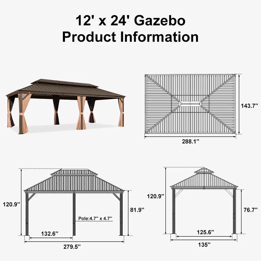 Outdoor Hardtop Gazebo for Garden Bronze Double Roof Aluminum Frame Pavilion with String Lights-milky - Image 127