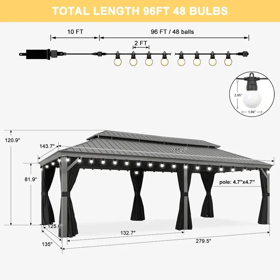 Patio Gazebo for Pool Light Grey Hardtop Galvanized Steel Roof with String Lights-milky - Image 99