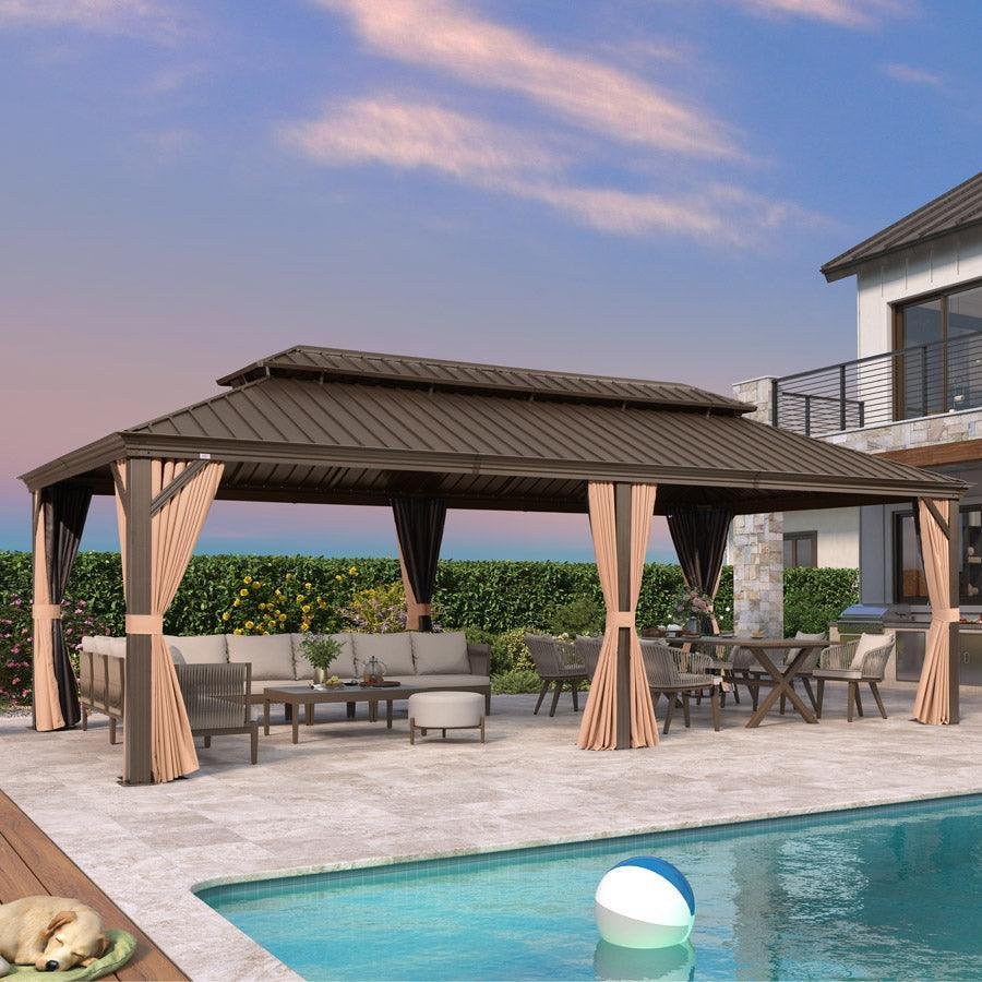 Outdoor Hardtop Gazebo for Garden Bronze Double Roof Aluminum Frame Pavilion with String Lights-milky - Image 66