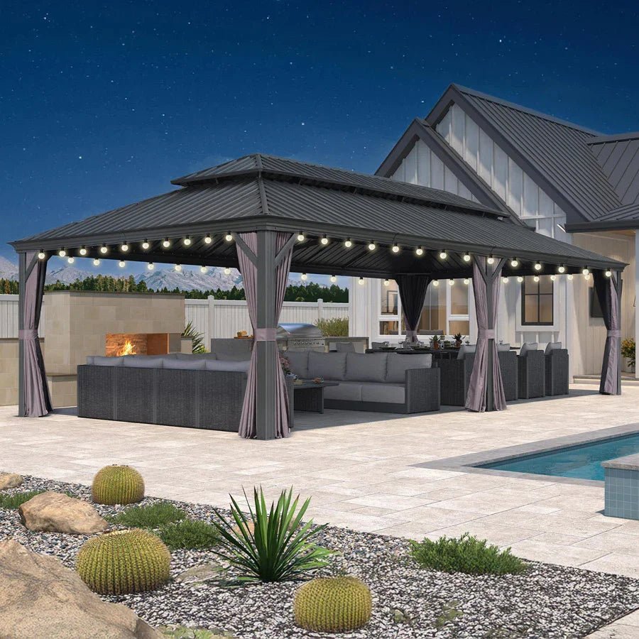 Gazebo for Backyard Grey Hardtop Galvanized Steel Roof Awning with String Lights-clear - Image 100