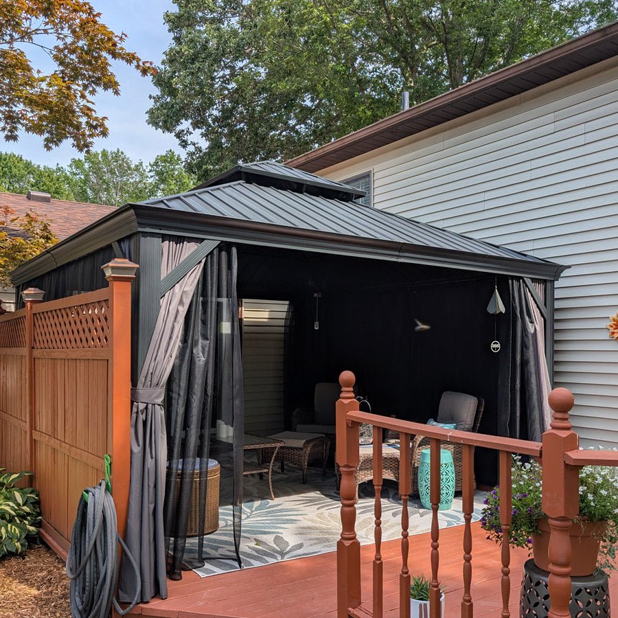 Gazebo for Backyard Grey Hardtop Galvanized Steel Roof Awning with String Lights-clear - Image 128