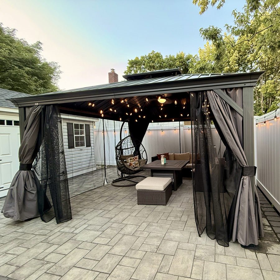Gazebo for Backyard Grey Hardtop Galvanized Steel Roof Awning with String Lights-clear - Image 127