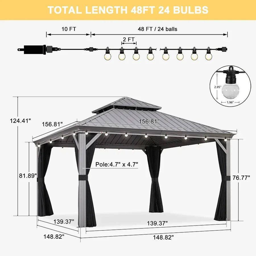 Patio Gazebo for Pool Light Grey Hardtop Galvanized Steel Roof with String Lights-milky - Image 97