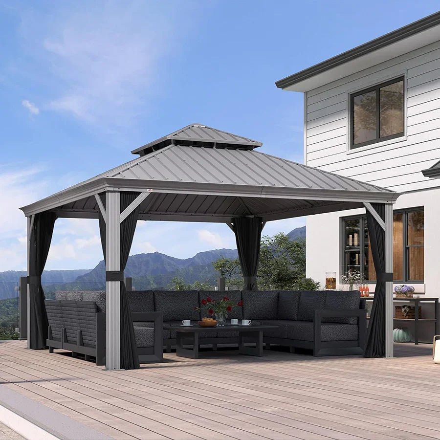 Patio Gazebo for Pool Light Grey Hardtop Galvanized Steel Roof with String Lights-clear - Image 83