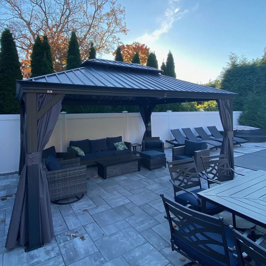 Gazebo for Backyard Grey Hardtop Galvanized Steel Roof Awning with String Lights-clear - Image 96