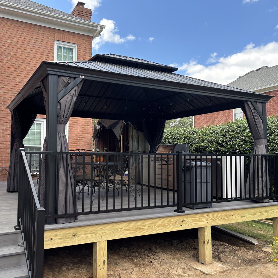 Gazebo for Backyard Grey Hardtop Galvanized Steel Roof Awning with String Lights-clear - Image 130