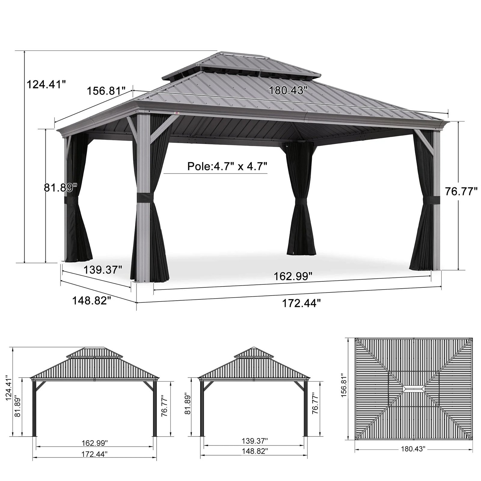 Patio Gazebo for Pool Light Grey Hardtop Galvanized Steel Roof with Upgraded Curtains - Image 113