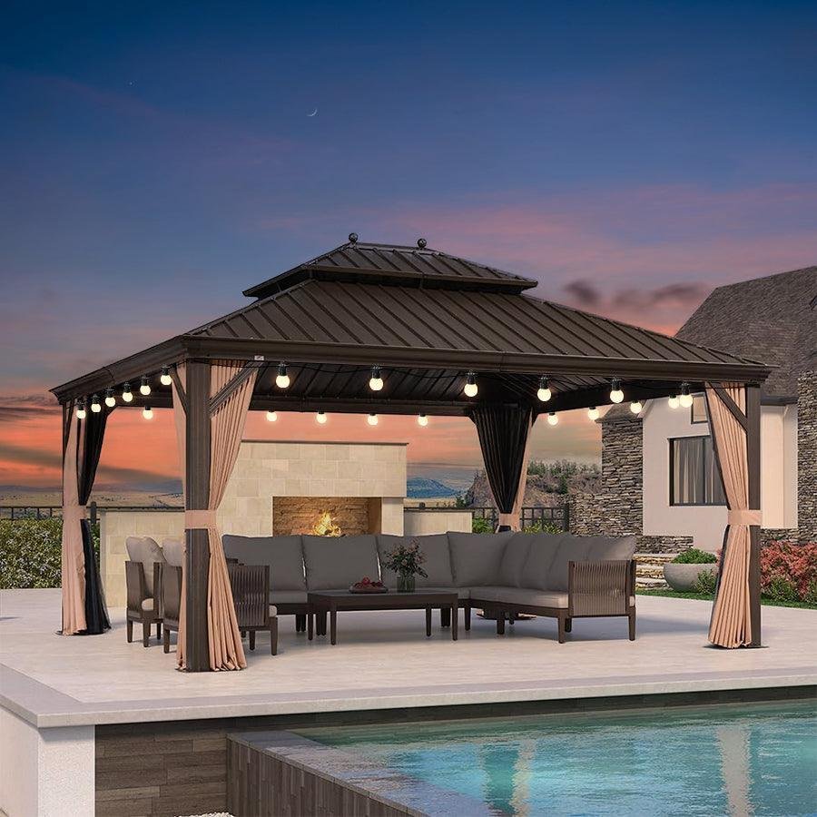 Outdoor Hardtop Gazebo for Garden Bronze Double Roof Aluminum Frame Pavilion with String Lights-milky - Image 76